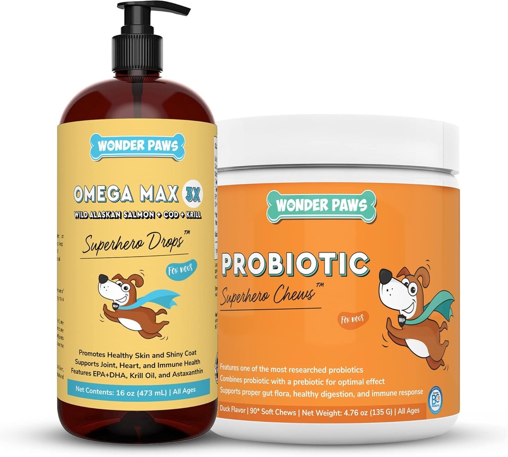 WONDER PAWS Omega Max Fish Oil Plus Probiotic Chews - för Dog Joint Health, Skin Moisture, Gut Health & Daily Wellness - Omega Max 16 Ounces - Probiotiska 90 Chews