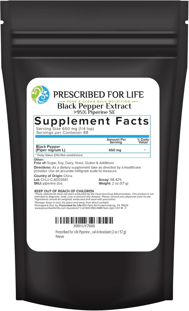 Förskrivet för Liv Piperinpulver, 95% Black Pepper Extract Powder, ökar näringsabsorption, Gluten Free, Vegan, icke GMO, naturlig antioxidant (2oz / 56g)