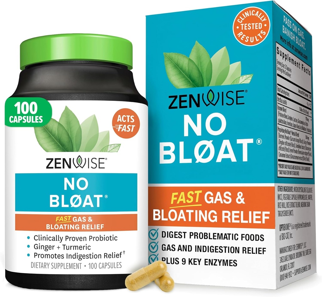 Zenwise Health No Bloat Digestive Enzymes for Gut Health, Gas & Bloating Relief - Multi Enzymes Digestion Supplement med Probiotika, Ginger, Turmeric Dandelion & Lactase - Män & Kvinnor - 100 Count