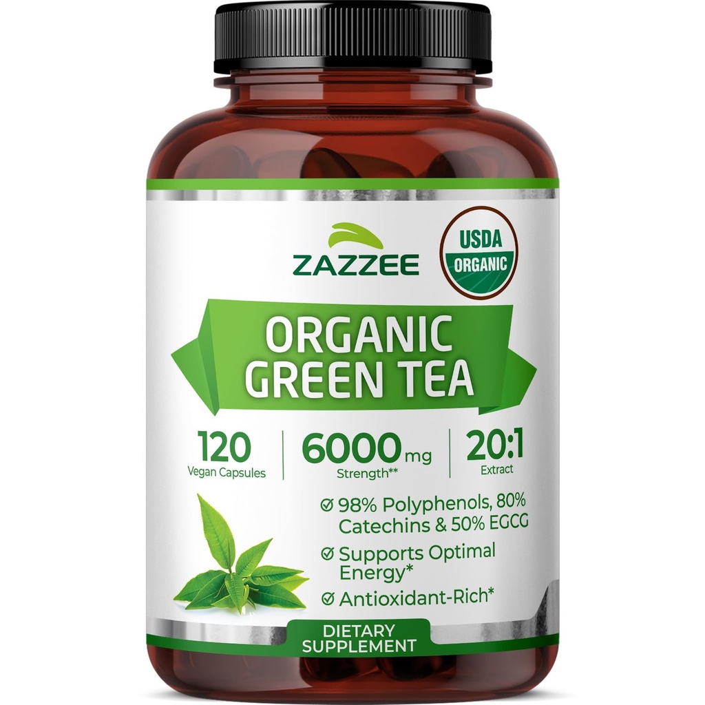 Zazzee USDA Organic Green Tea 20:1 Extract, 50% EGCG, 98% Polyphenols, 80% Catechins, 120 Vegan Capsules, 4 Month Supply, Antioxidant, Metabolism & Energy Support, Non-GMO, All-Natural, Made in USA