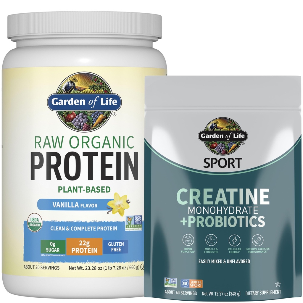 Garden of Life Protein & Creatine Bundle - Vegan Vanilla Protein Powder 20 portioner med BCAAs, Probiotics & Enzymes + Kreatinmonohydrat Pre Workout 60 portioner för muskel, styrka och prestanda