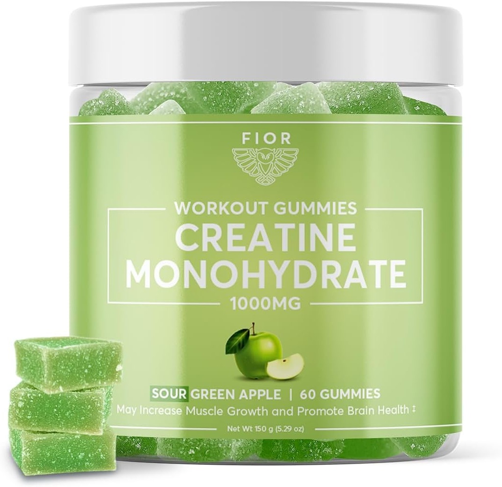FIOR Creatine Gummy - Bästa kreatinmonohydrat tuggbar, 60 greve, träning och proteintillskott, kognitiv förbättring, Sour Green Apple smak, 30 portioner