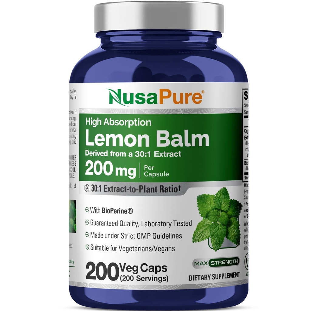 NusaPure Lemon Balm 30:1 Extrakt, 200 mg Likvärdigt till 6000mg Per Vegan Caps - 200 greve Non-GMO, Vegan Bioperine