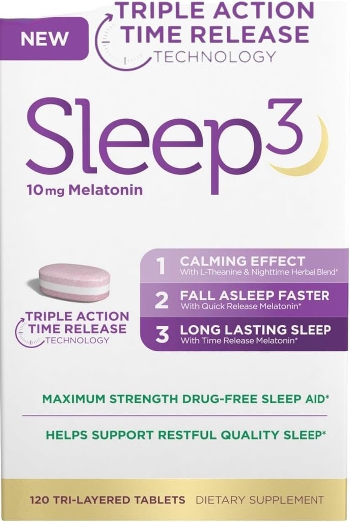 NB Sleep3 Triple Action Time Release Melatonin Sleep Aid, 10mg, Maximal Styrka, Drug-Free, 120 Tri-Layered Tablets, med L-Theanine