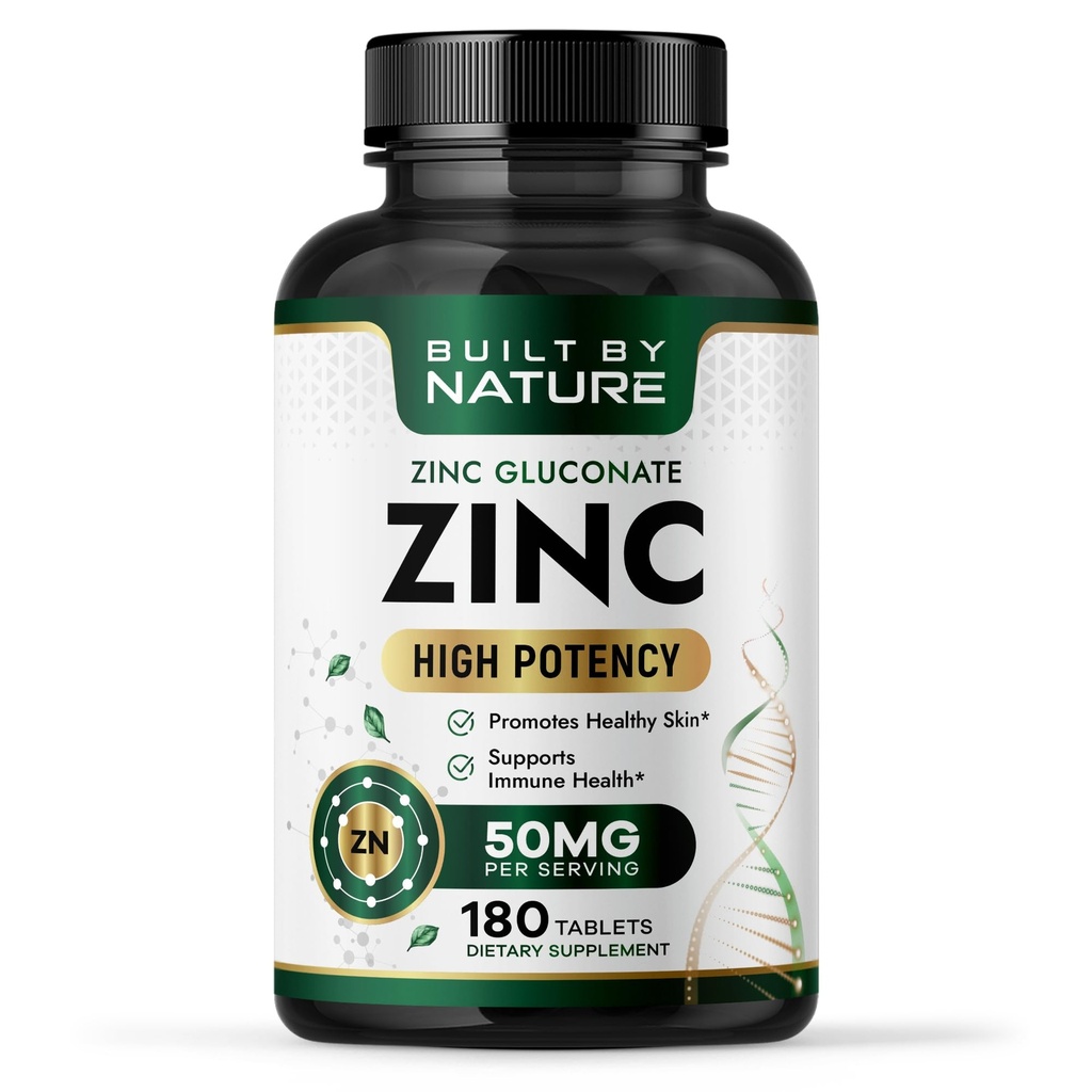 Byggd av naturen Zink 50 mg - Zink Glukonat för högabsorberbar immun och antioxidantstöd - främjar hud, ögon och immun hälsa - icke-GMO, glutenfri - 180 tabletter