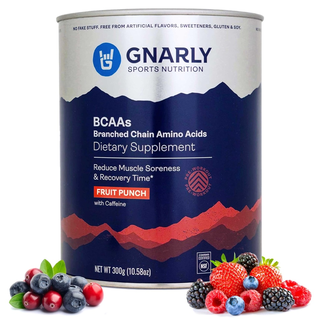 Gnarly Nutrition BCAA Powder, Fruit Punch - Pre-Workout BCAAS Amino-syror - NSF Sport Certified - Tillägg för att stödja och bygga muskler - Fruit Punch med koffein, 10,58 oz