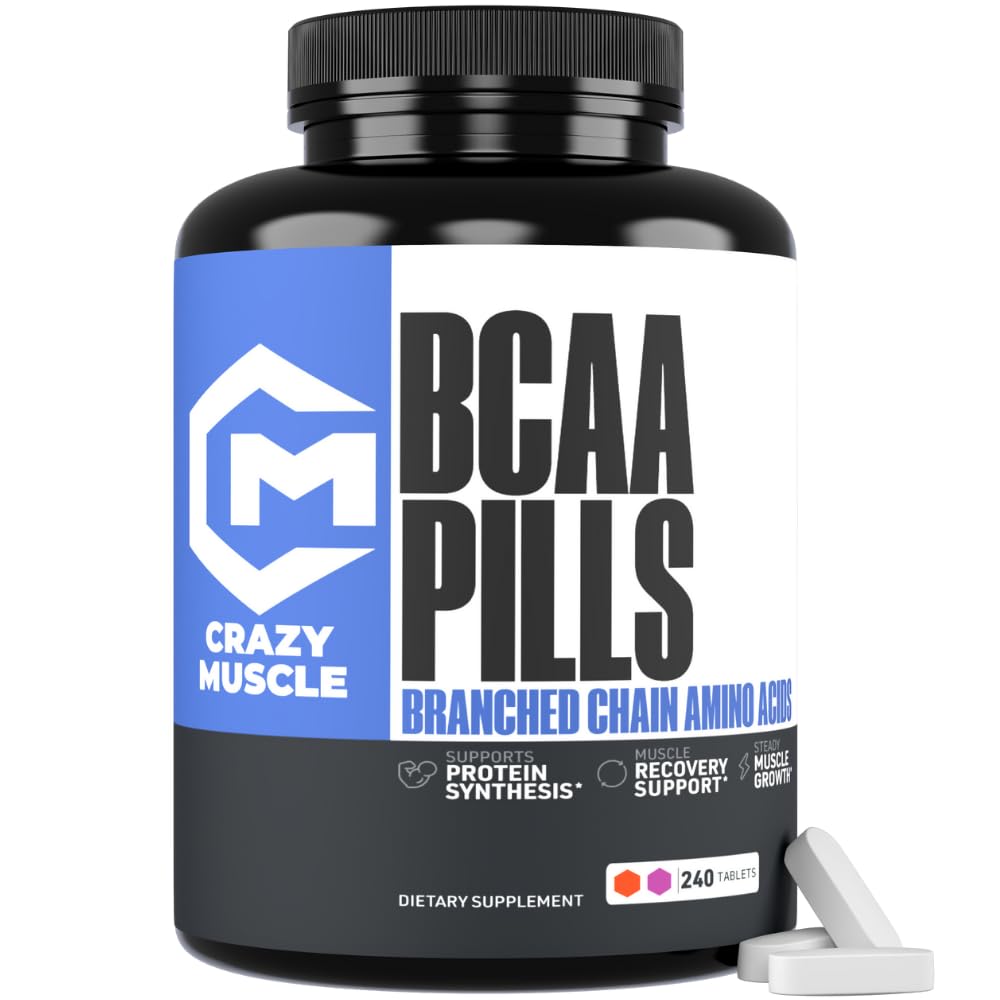 Crazy Muscle 3000mg BCAA Pills (80 Days Supply) med Optimum 2:1:1 Ratio of Branched Chain Amino syror för återhämtning och tillväxt, 1000mg BCAA per piller (mer än BCAA kapslar) 240 tabletter