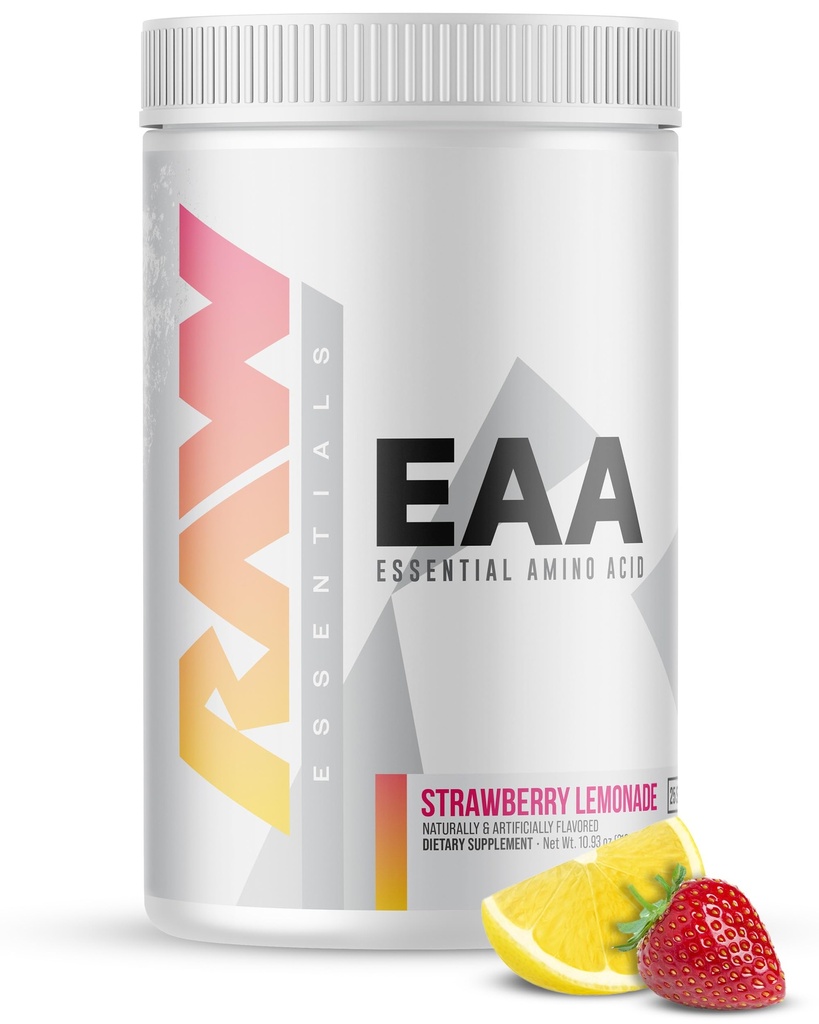 RAW EAA Aminosyror pulver, jordgubbslemonad (25 portioner) - Pre Workout Amino Energy Powder för styrka, uthållighet, återhämtning och Lean Muscle Growth - BCAA Aminosyror Supplement för män och kvinnor