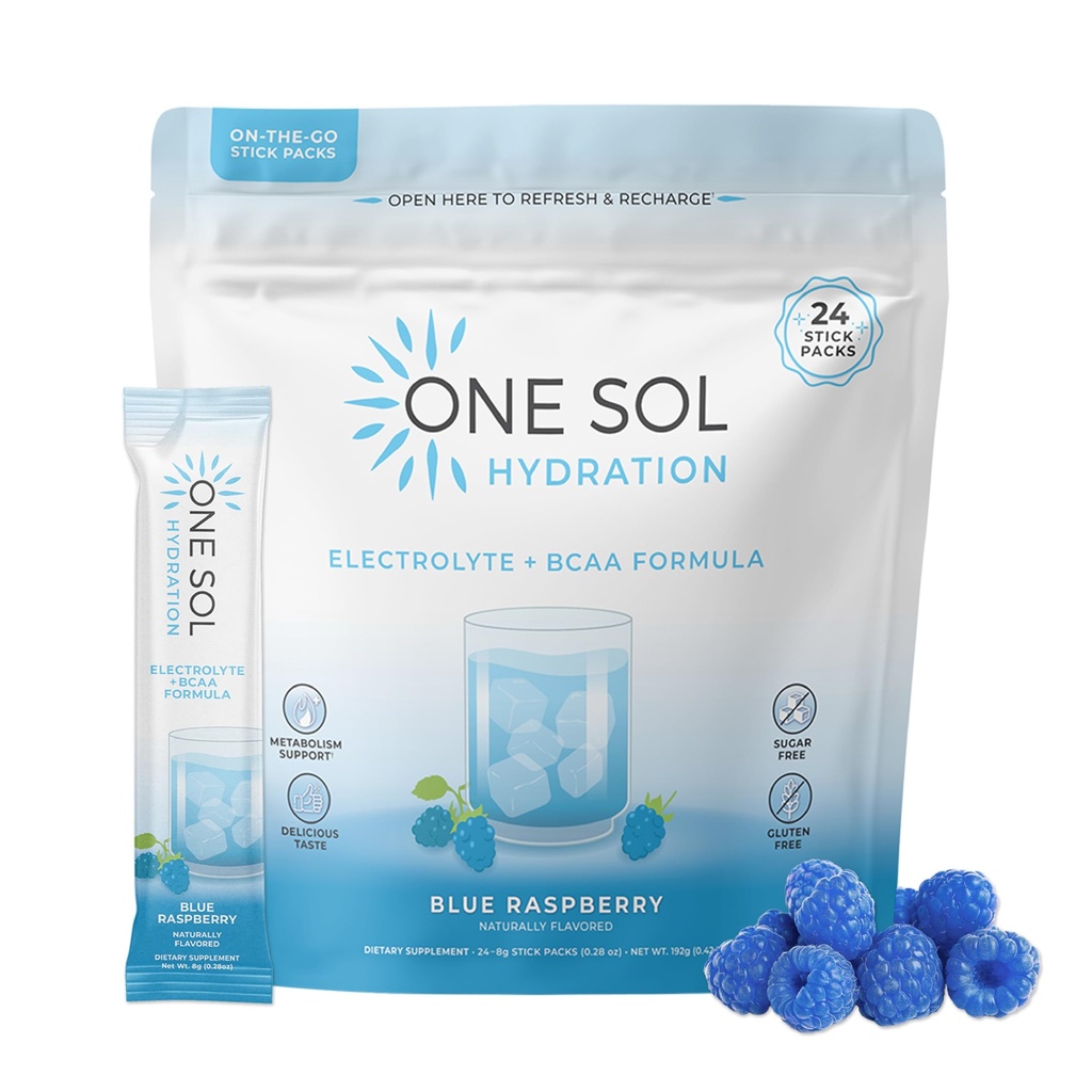 En Sol BCAA & Electrolyte Powder för Hydration & Energy, All-Natural Formel, 100% Vegan, icke-GMO, Gluten Free & Soy-Free, främjar muskeltillväxt och återhämtning, naturlig blå hallon smak