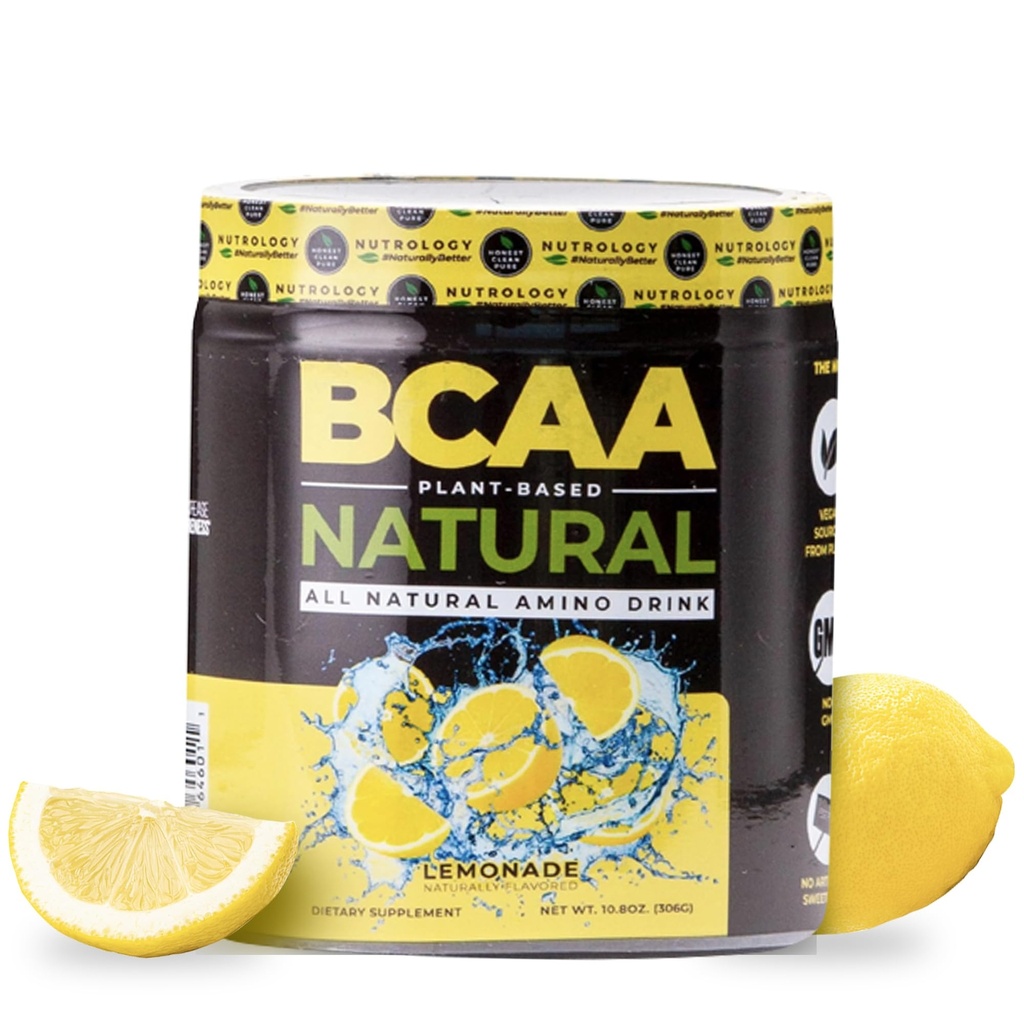 Nutrology BCAA Natural - Plant Based BCAA Powder, Lemonade Flavor, Optimerad 2:1:1 Ratio Amino Acids Powder för Pre Workout & Post Workout Recovery, Vegan, Gluten-Free, Non-GMO, 30 Servings