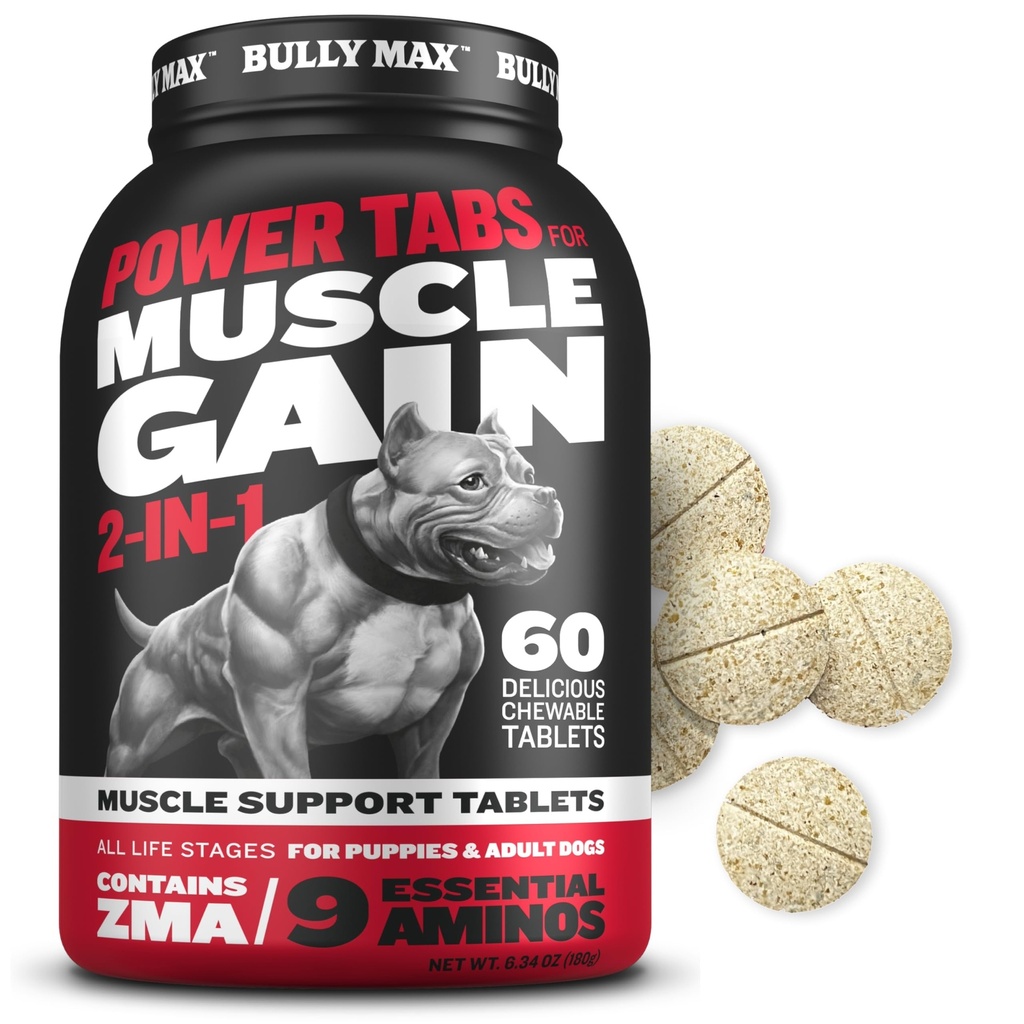 Bully Max 2-i-1 Muscle Builder Chewable Tablets för valpar och vuxna hundar - valp och hund vitaminer och tillskott för muskelvinst och tillväxt - Ultimate Canine Multivitaminer för alla raser och åldrar - 60 flikar