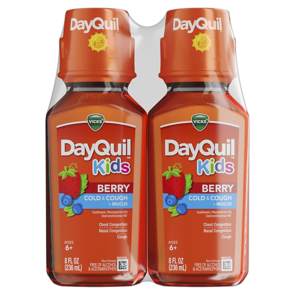 Vicks Kids DayQuil Berry Cold & Cough Medicine Co-Pack, Daytime Relief of Multiple Symptoms, Great-Tasting Berry Flavor, Fri från alkohol & Acetaminophen, För Ålder 6 +, 2x8oz