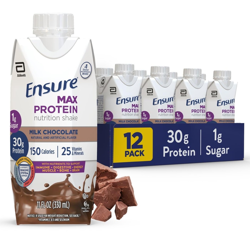 Säkerställ Max Protein Shake | Mjölk Choklad | Redo att dricka | 30 g protein för muskelhälsa | 1g socker, 4g fiber | 11 fl oz, 12 Pack
