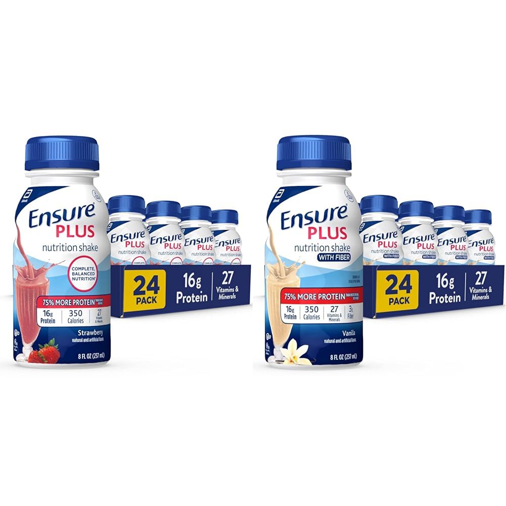 Säkerställ Plus Nutrition Shake med 16 Grams of Protein & Ensure Plus Liquid Nutrition Shake med Fiber, 16 Grams of Protein, Vanilla, 8 Fl Oz Bottle (Pack of 24)