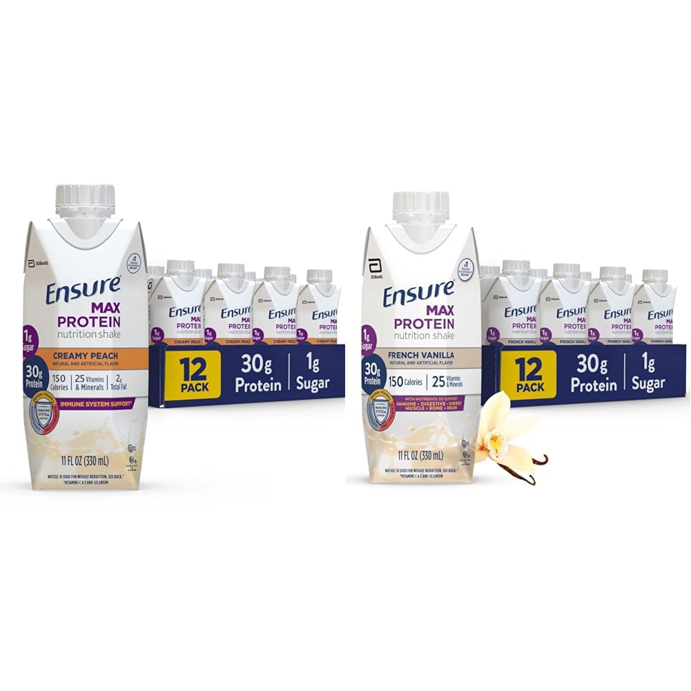 Säkerställ Max Protein Nutrition Shake med 30g Protein, 1g Sugar, High Protein Shake, Creamy Peach & French Vanilla, Liquid, 11 fl oz (Pack of 12)