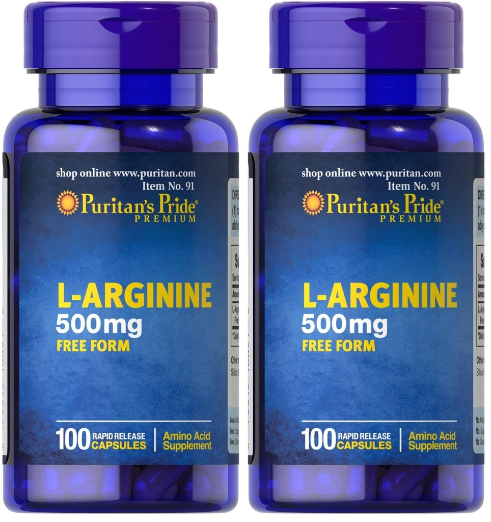 Puritans Pride L-Arginine 500 mg, Heart Health Support, 100 Count (Pack of 2)