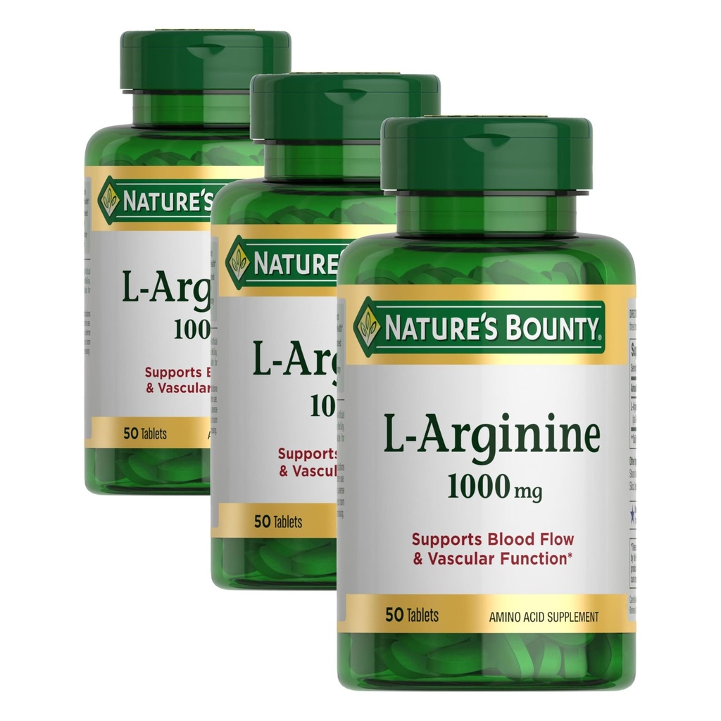 Naturens Bounty L-Arginine 1000mg för att stödja blodflöde och vaskulär funktion - Icke-GMO, Gluten Free, 50 tabletter (Pack of 3)