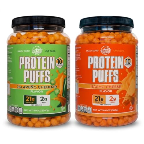 Twin Peaks Protein Puffs Variety Pack (Nacho Cheese & Jalapeño Cheddar) - Keto Friendly, Low Carb Snack (300g Varje), 21g Protein, 2g Net Carbs, Crunchy High-Protein Snack