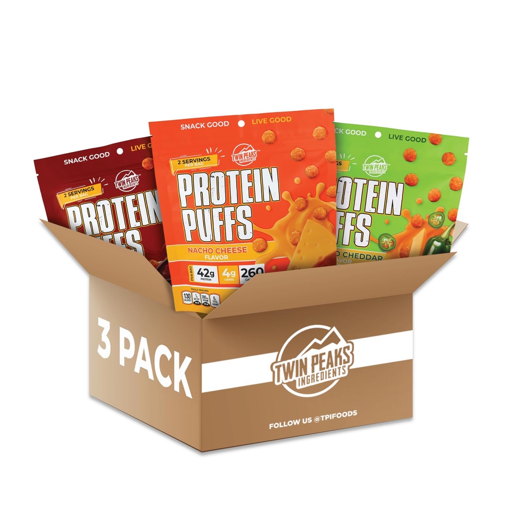 Twin Peaks Ingredienser Låg Carb, Keto Friendly Protein Puffs, (Variety Pack, 2.1 Ounce), 2 portioner, 3 Pack (60g, 42g Protein, 4g Carbs)