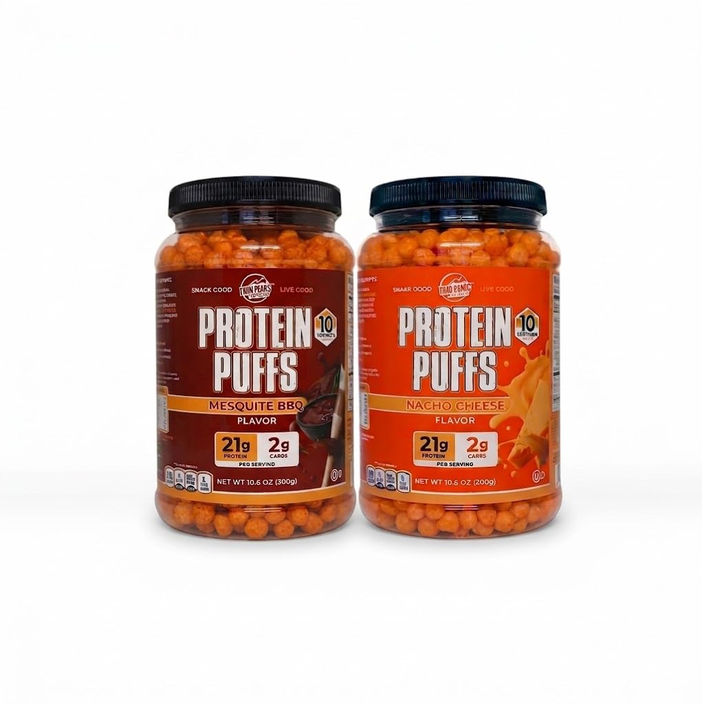 Twin Peaks Protein Puffs Variety Pack (Nacho Cheese & Mesquite Barbecue) - Keto Friendly, Low Carb Snack (300g Varje), 21g Protein, 2g Net Carbs, Crunchy High-Protein Snack