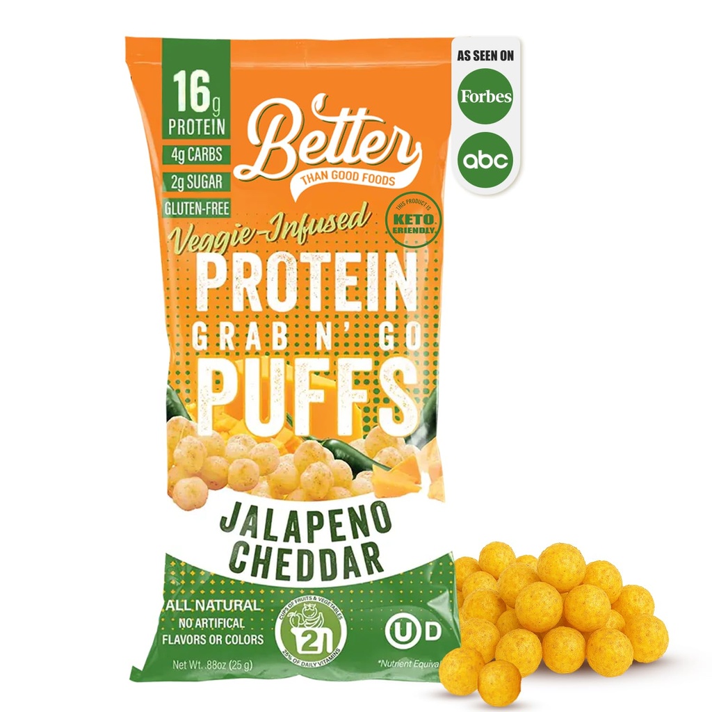 Bättre än god smak Keto Jalapeno Cheddar Protein Puffs | Gluten-Free -16g Protein, Low Sugar, Low Calorie, Diabetic Friendly Snacks | Low carb, Healthy Kids Snack | Inga konstgjorda smaker (12-Protein)