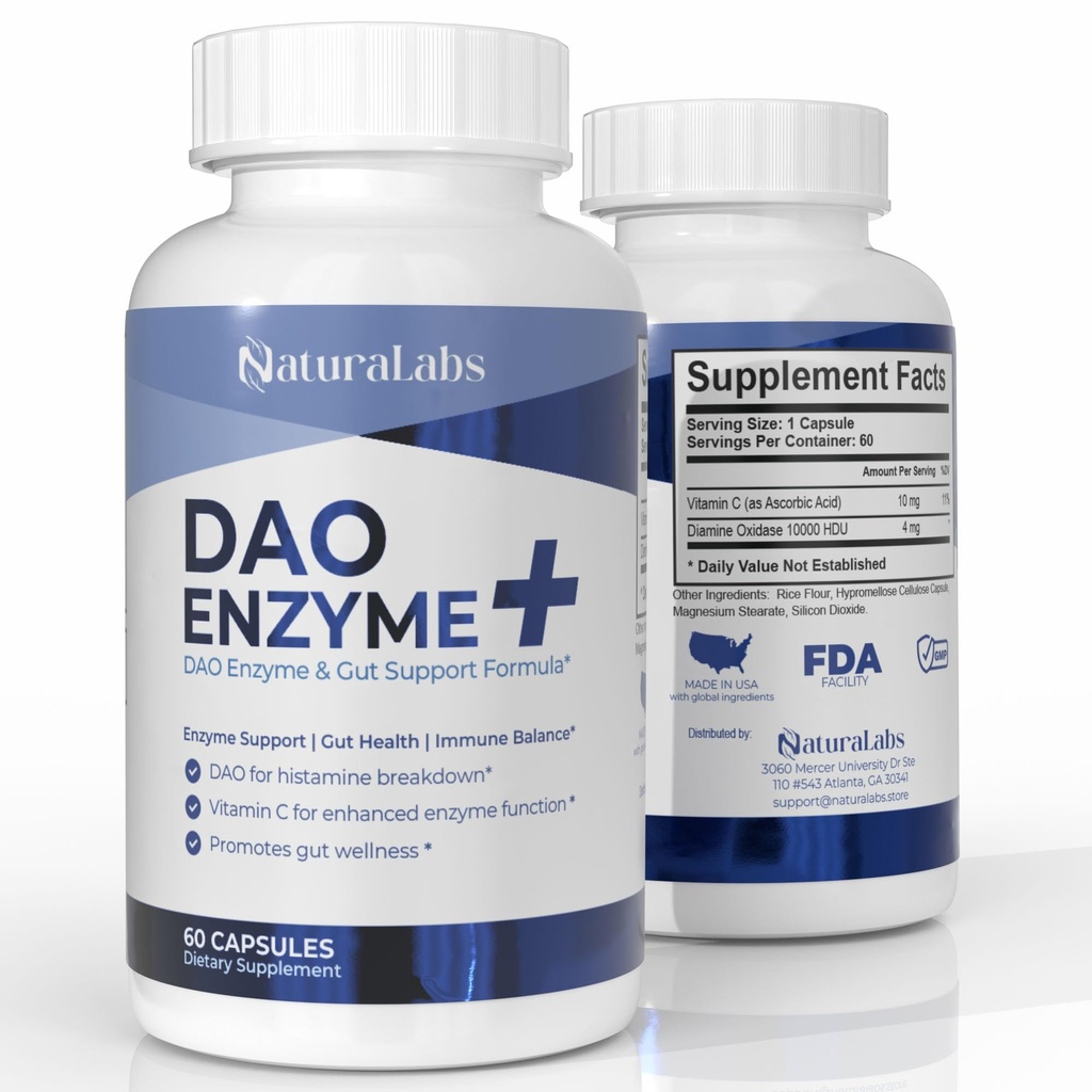 DAO kompletterar histaminblockerare - DAO Enzyme + Diamin Oxidase & Vitamin C för Gut Health & Food Support - 60 portioner - 1 kapsel före måltider för histaminintolerans