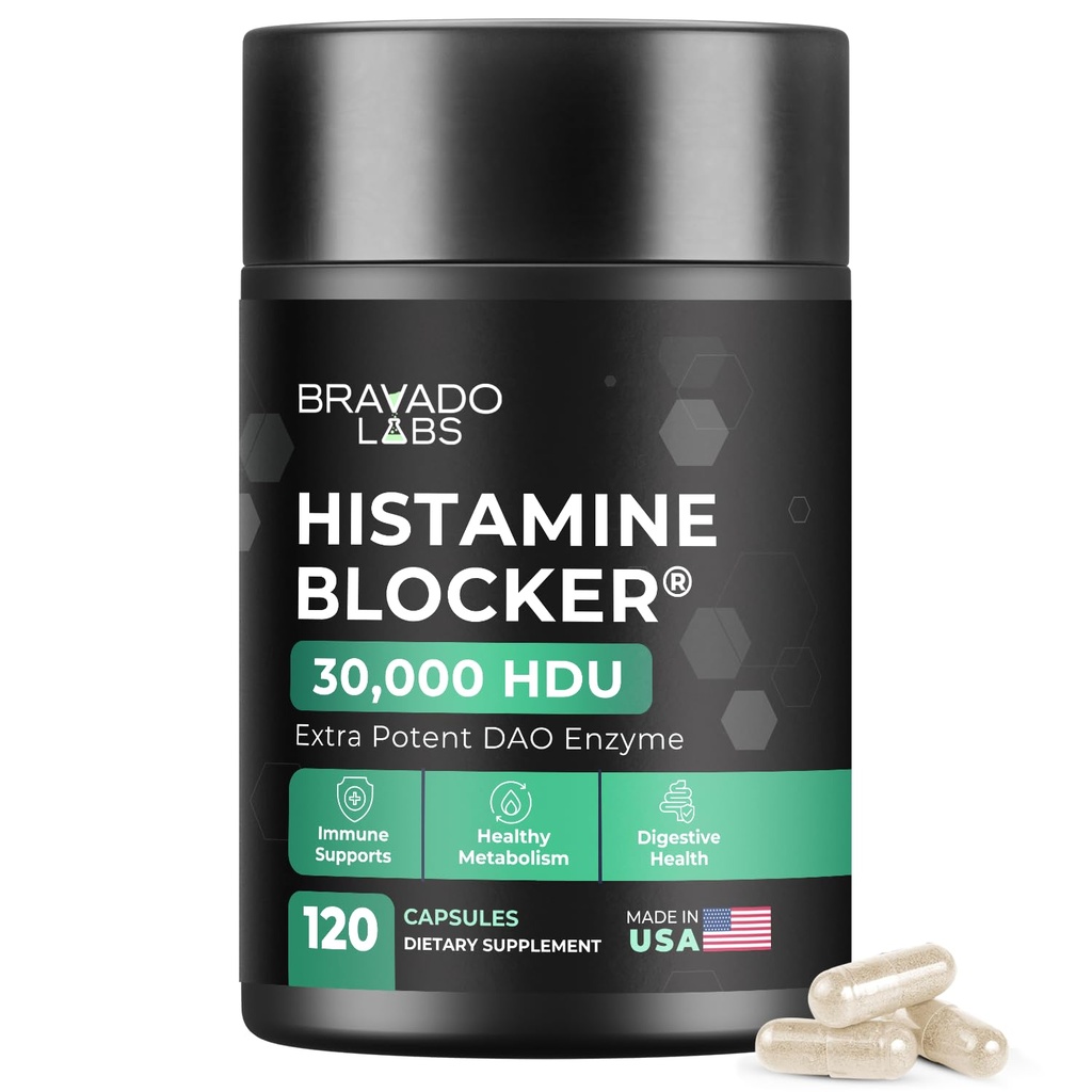 Bravado Labs DAO Supplements Histamine Blocker - Extra Strength 30,000 HDU DAO Enzyme + Diamine Oxidase & Vitamin C for Daily Histamine Metabolism & Immune Support - 120ct