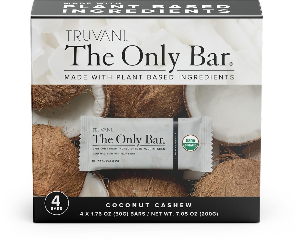 Truvani Plant Based Snack Bars | Coconut Cashew 4 Pack | 5g Protein | USDA Organic and Vegan | Den enda baren | Dairy, Soy och Gluten Free | Individuellt inslagna