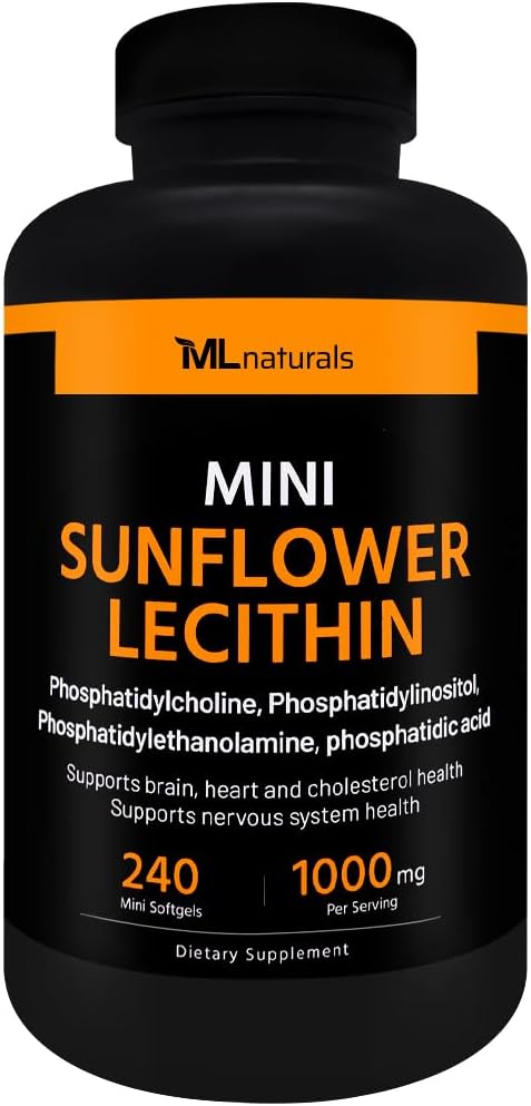 ML Naturals Mini Sunflower Lecithin 240 Softgels Fosfatidylkolin, Phosphatidylinositol, Phosphatidylthanolamine, Phosphatidic Acid, NSF-Certified & CGMP-Compliant