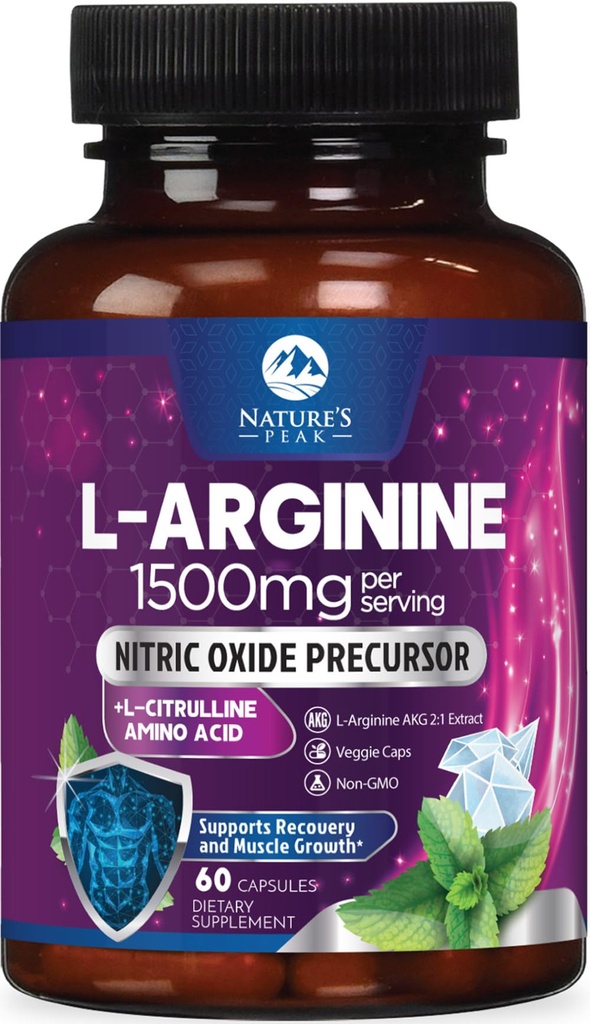 L-Arginine Complex - Extra Strength Nitric Oxide Booster Supplement - Premium Energy Blend för Natural Heart Health & Muscle Support - Non-GMO, Made for Men & Women, Bottled USA - 60 kapslar