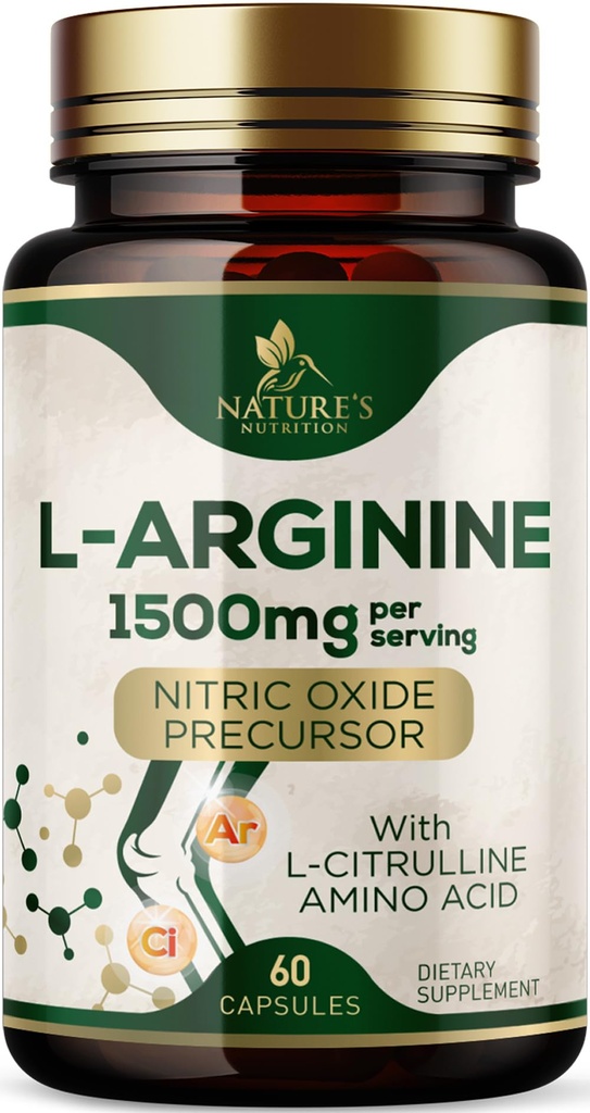 L-arginin Extra Strength Supplement med L-Citrulline - Muscle Supporting Natural Nitric Oxide Precursor Booster - Heart Health Support - Amino Acid Energy Blend för män, USA Bottled - 60 kapslar