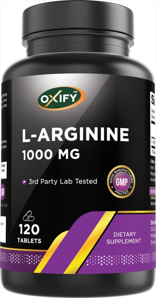 Oxify L-arginin 1000 mg | 120 tabletter | Gluten-Free, icke-GMO | Supplement Made i USA