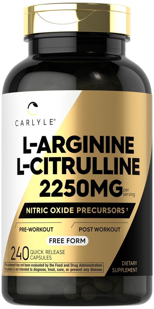 Carlyle L-Arginine L-Citrulline Supplement | 2250mg | 240 Powder Capsules | Nitric Oxide Precursors | Gratis Form | Non-GMO & Gluten Free