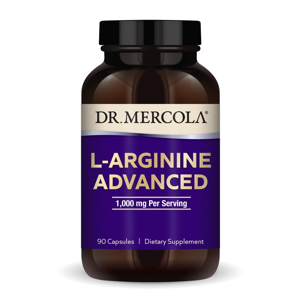 Dr Mercola L-Arginine Advanced, 30 portioner (90 kapslar), 1000 mg per portion, kosttillskott, stöder energiproduktion, icke-GMO