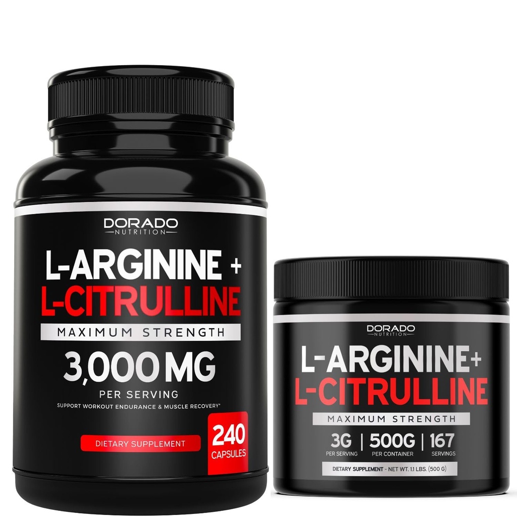 L Arginine L Citrulline (240 greve) - Nitric Oxide Pill för Stamina & Endurance och L Arginine L Citrulline Powder (3g) - Nitric Oxide Booster Powder för prestanda och uthållighet - Vegan & USA Made