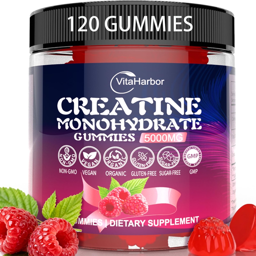 Kreatinmonohydrat Gummies 5000mg för män och kvinnor, organiska rena kreatin Gummies | Sugar Free, Vegan, icke-GMO, Raspberry smak, 120 greve