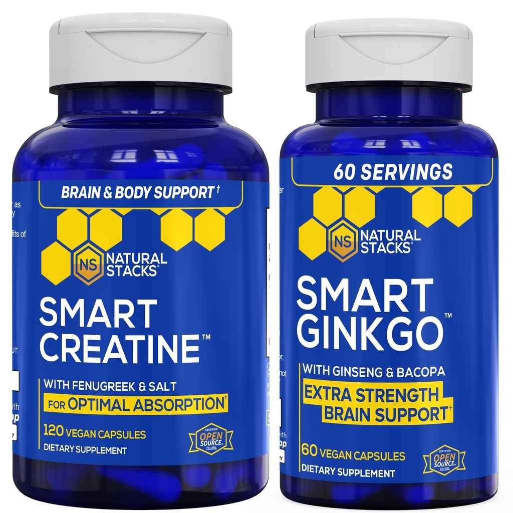 NATURAL STACKS Ginkgo Biloba + Kreatin Monohydrat Bundle - Avancerad Absorption Formel * - Extra Styrka Brain Support * - 180 Totala kapslar