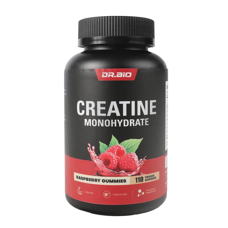 DR.BIO Creatine Monohydrate Gummies för energi & Muscle Support, Pre-Workout Complex Creatine för kvinnor och män med 5000mg Kreatin, L-Taurin, B12, Mg och K, Vegan, Red Raspberry, 110 Count