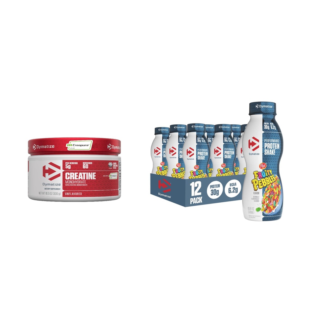 Bundle of Dymatize Performance Protein Shake, Fruity Pebbles (12 pack) + 100% Kreatinmonohydrat med kreatur (60 portioner)