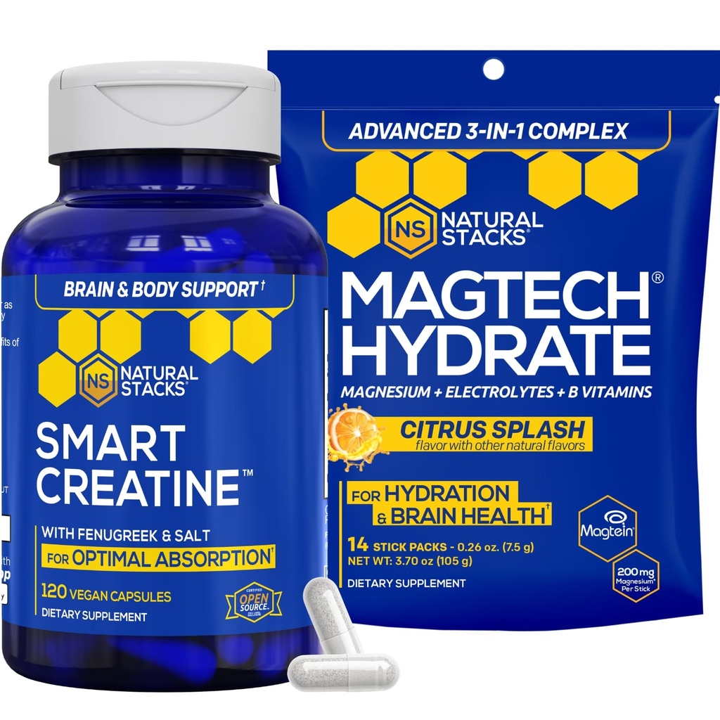 NATURAL STACKS Creatine Monohydrate & Magtech Hydrate Bundle - 2500mg Creatine + 200mg Elemental Magnesium Per Serving - Supports Hydration, Brain Health & Endurance - 44 Total Servings