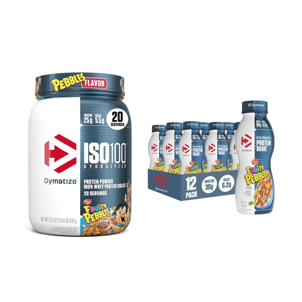Bundle of Dymatize Performance Protein Shake, Fruity Pebbles (12 pack) + ISO100 Whey Protein Powder Isolate, Fruity Pebbles (20 portioner)