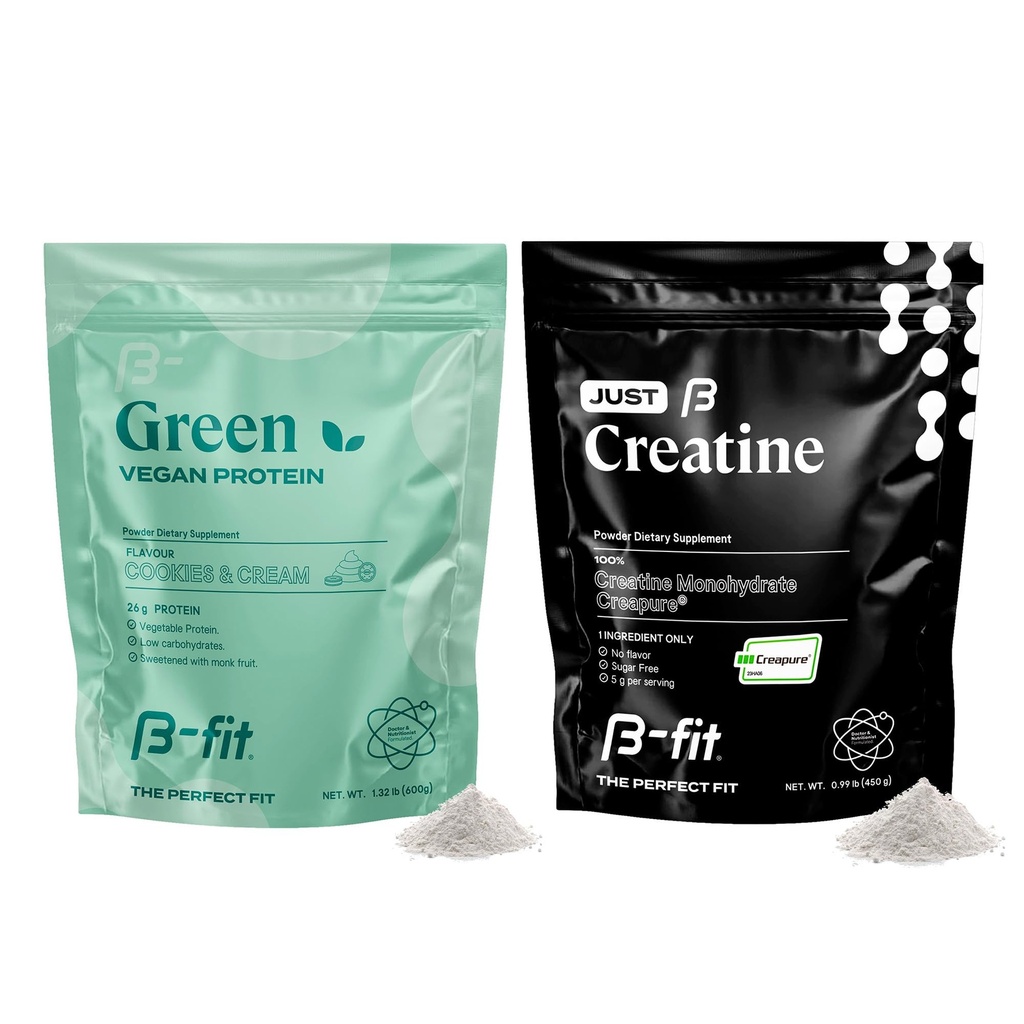 B-FIT B Vegan Protein + Just Creatine - Pea Protein Powder 600g - Plant Based Protein Shake - Kreatinmonohydratpulver - Kreatur - 90 portioner - 450 g
