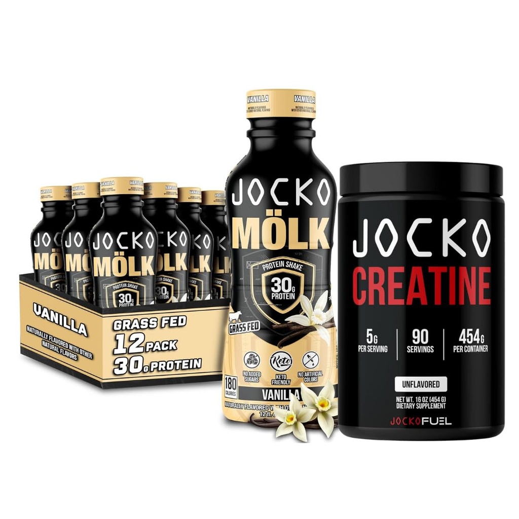 Jocko Mölk Grass Fed Protein Shakes - Redo att dricka (Pack of 12) Vanilla + Jocko Creatine