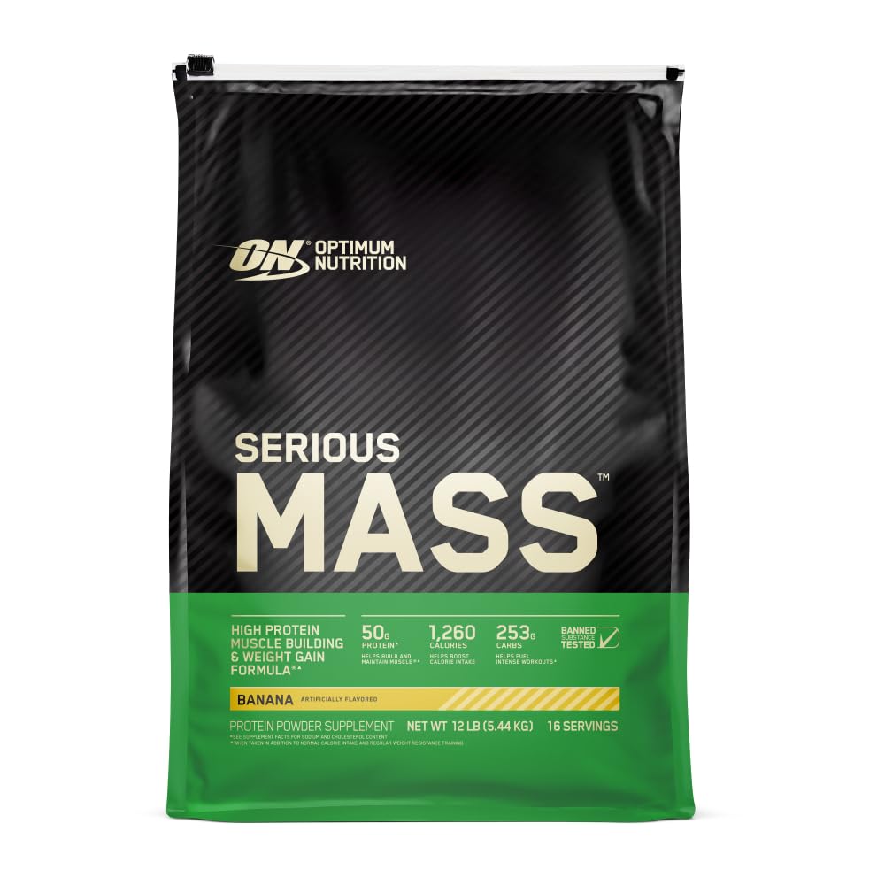Optimum Nutrition Serious Mass, Weight Gainer Protein Powder, Mass Gainer, Vitamin C och Zink för Immune Support, Kreatin, Banana, 12 Pound (Packaging May Vary)
