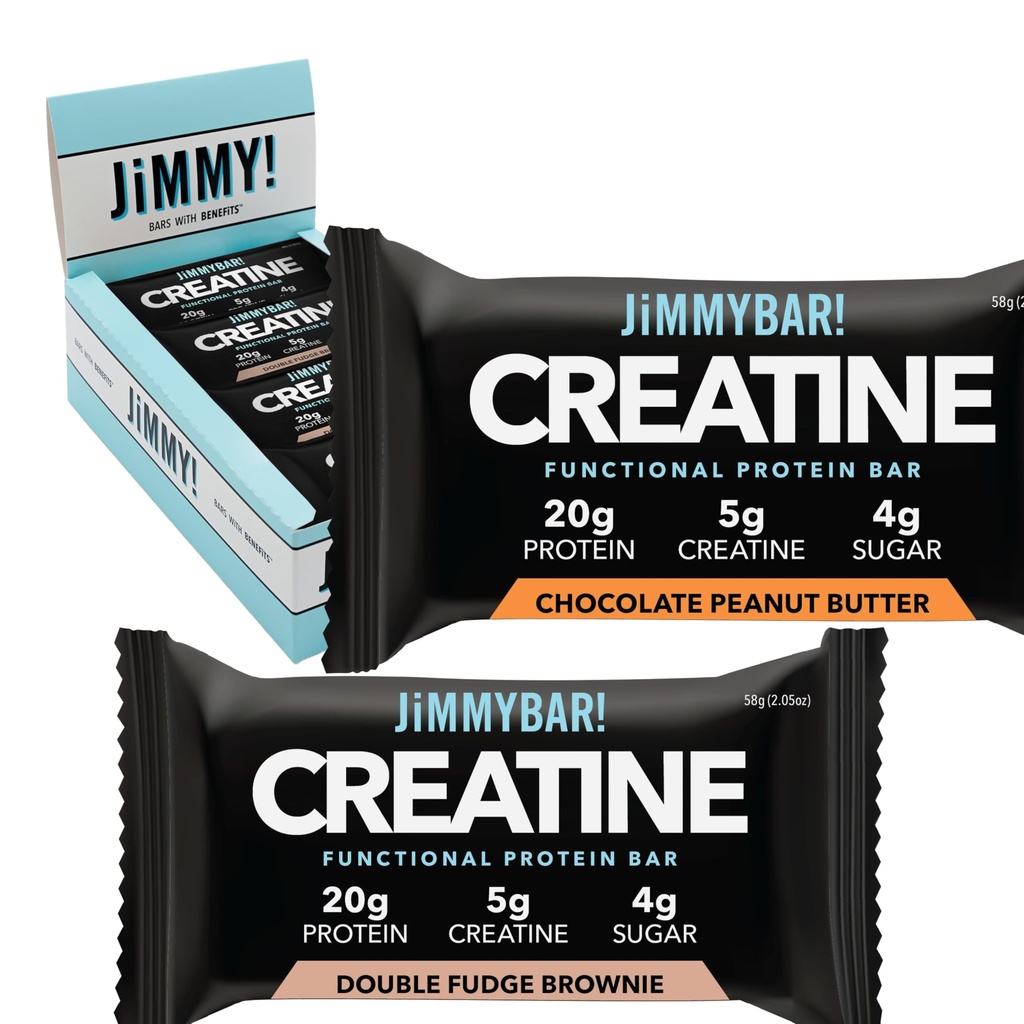 (NY) JiMMYBAR! Kreatinproteinbar - 5g kreatinmonohydrat + 20g protein - hög proteinsnack - stöder muskeltillväxt, styrka och återhämtning - Real Food Energy Bar för idrottare | 6 Chocolate jordnötssmör + 6 Fudge Brownie Variety Pack (12 barer)