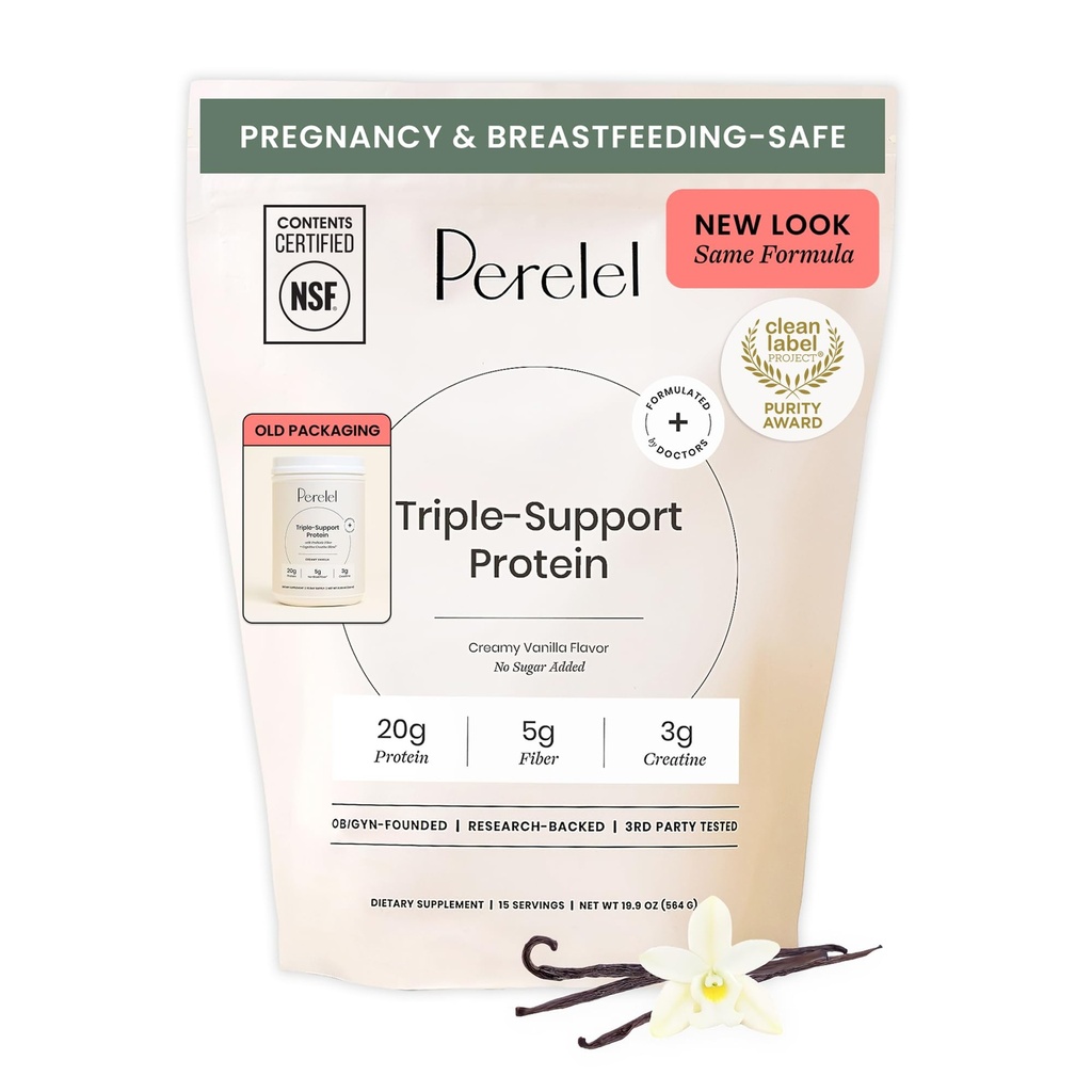 Perel Triple-Support Plant Based Protein Powder, Creamy Vanilla, 20g Vegan Protein Powder, 3g Kreatin Monohydrat, & 5g Prebiotisk Fiber per Servering, Dairy Free, No Sugar Added, 15 Day Supply