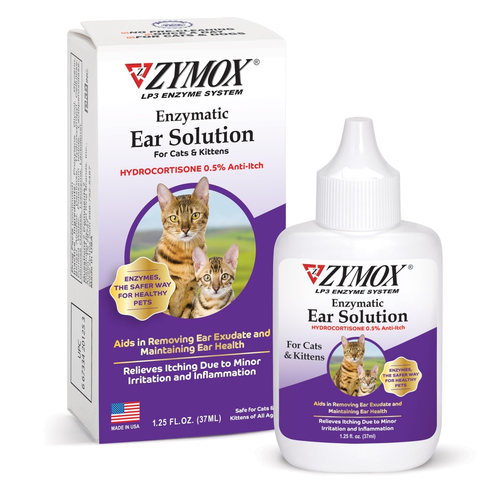 Zymox Enzymatic Ear Solution med 0,5% Hydrocortisone för katter & kattungar, 1,25 uns. - Rengör & Refreshes Ear Canal för Relief från Wax, Dirt Buildup, Itchiness, Irritation, Inflammation & Redness