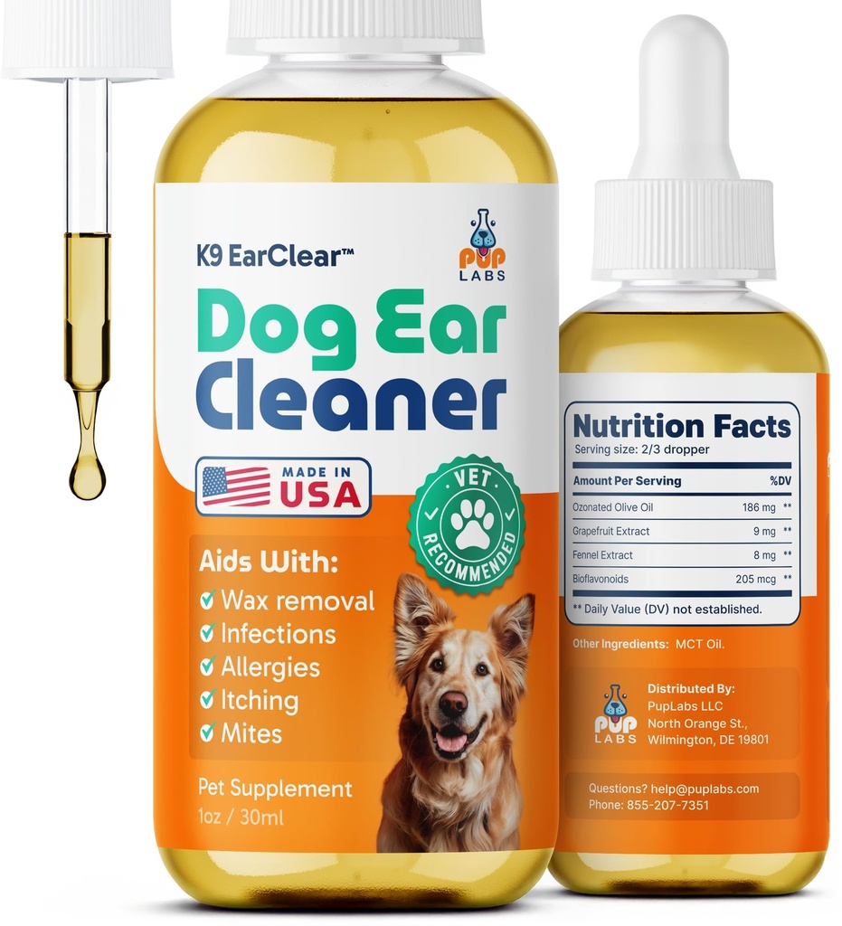 Pup Labs Ear Clear, Natural Dog Ear Cleaner and Infection Treatment for Dogs, Dog Drops for Itching, Irritation, & Wax Build-Up, 1 oz Bottle with Dropper