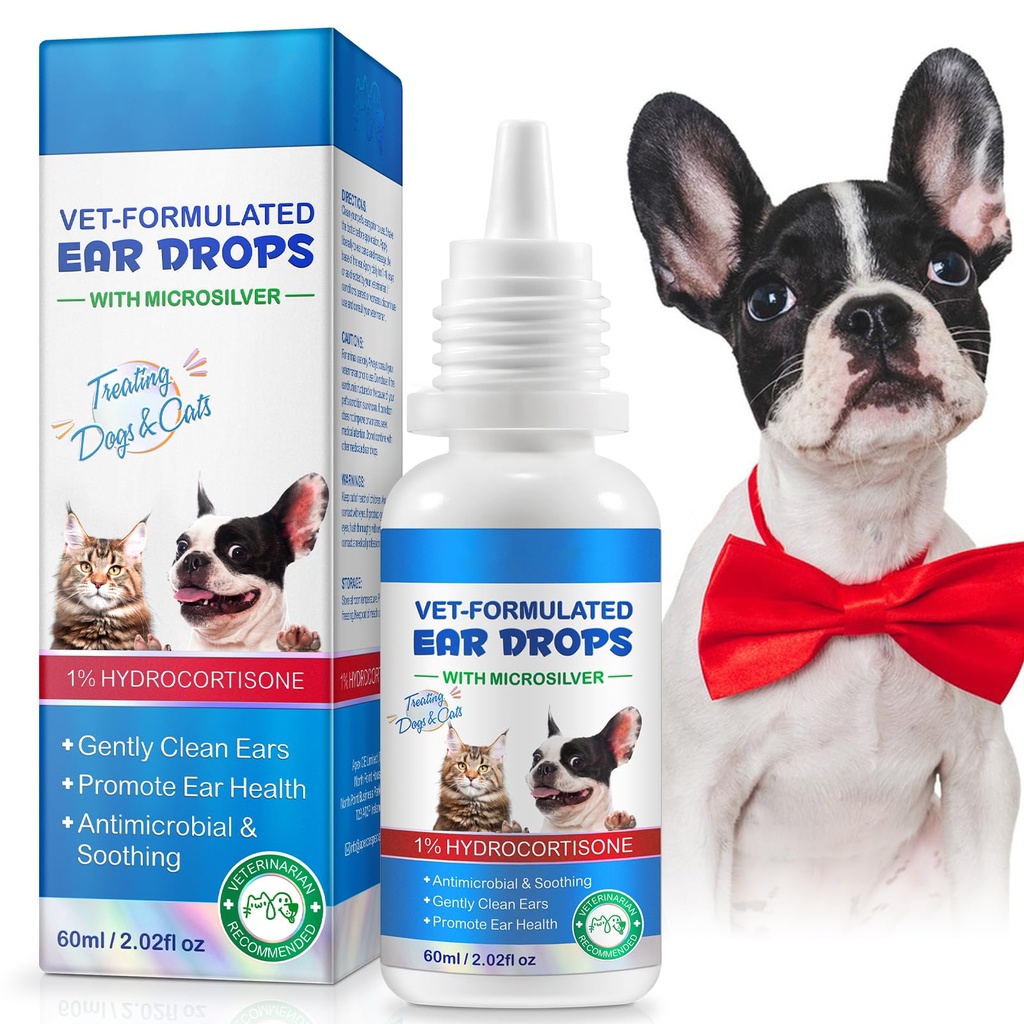 Cat & Dog Ear Infection Treatment Drops, Cat & Dog Ear Cleaner för Itchy Ear Relief, med 1% Hydrocortisone för hund öroninfektioner, lindra Itchy Ears-2,02 Fl.Oz