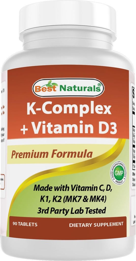 Bästa Naturals K-Complex med K1 (Phytonadione 1500 mcg + K2 som Menaquinone 100 mcg + K2 som MK-4 1000 mcg) + D3 + VIT. C - 90 tabletter - tillverkad i USA